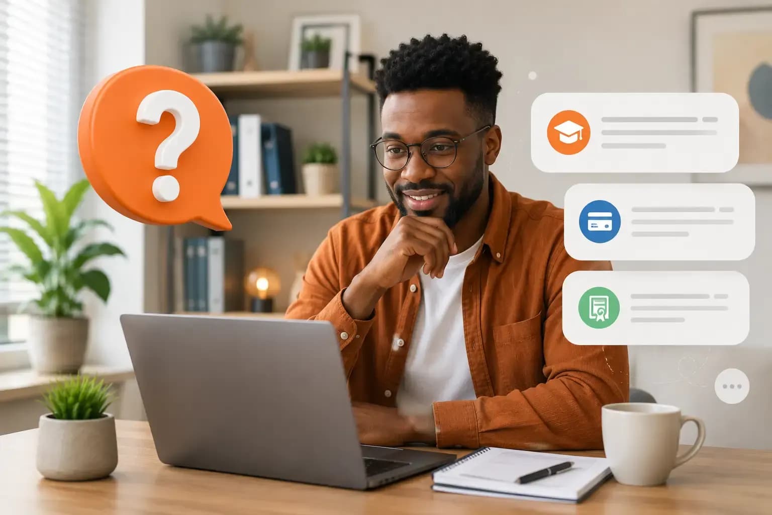 Formateur devant son ordinateur, entouré de questions fréquentes